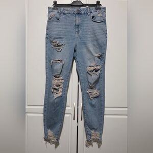 American Eagle Womens Blue Lightwash Distressed Ripped Curvy High Rise Jeggings